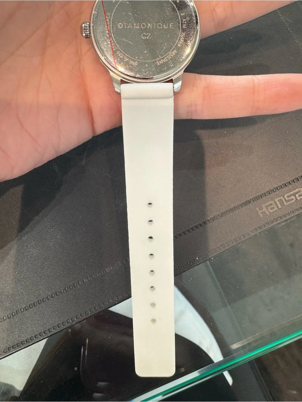 New DMQ Women’s silver tone & white Watch w Crystal Markers and rubber Strap.